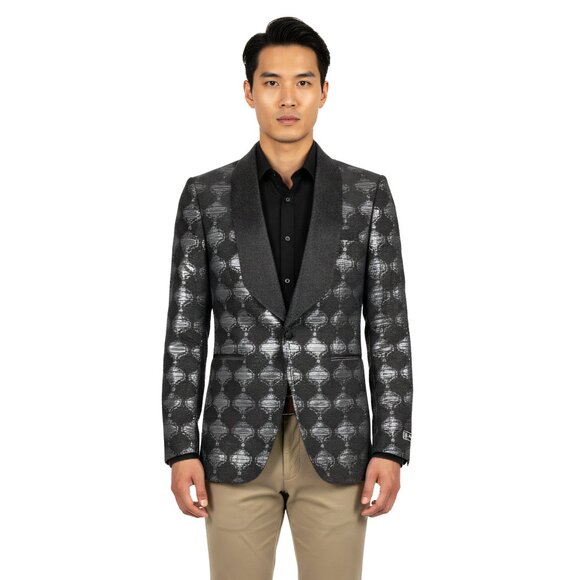 Empire™ Metallic Charcoal Geometric Shawl Lapel Hybrid Fit Blazer, Charcoal - Picture 1 of 5